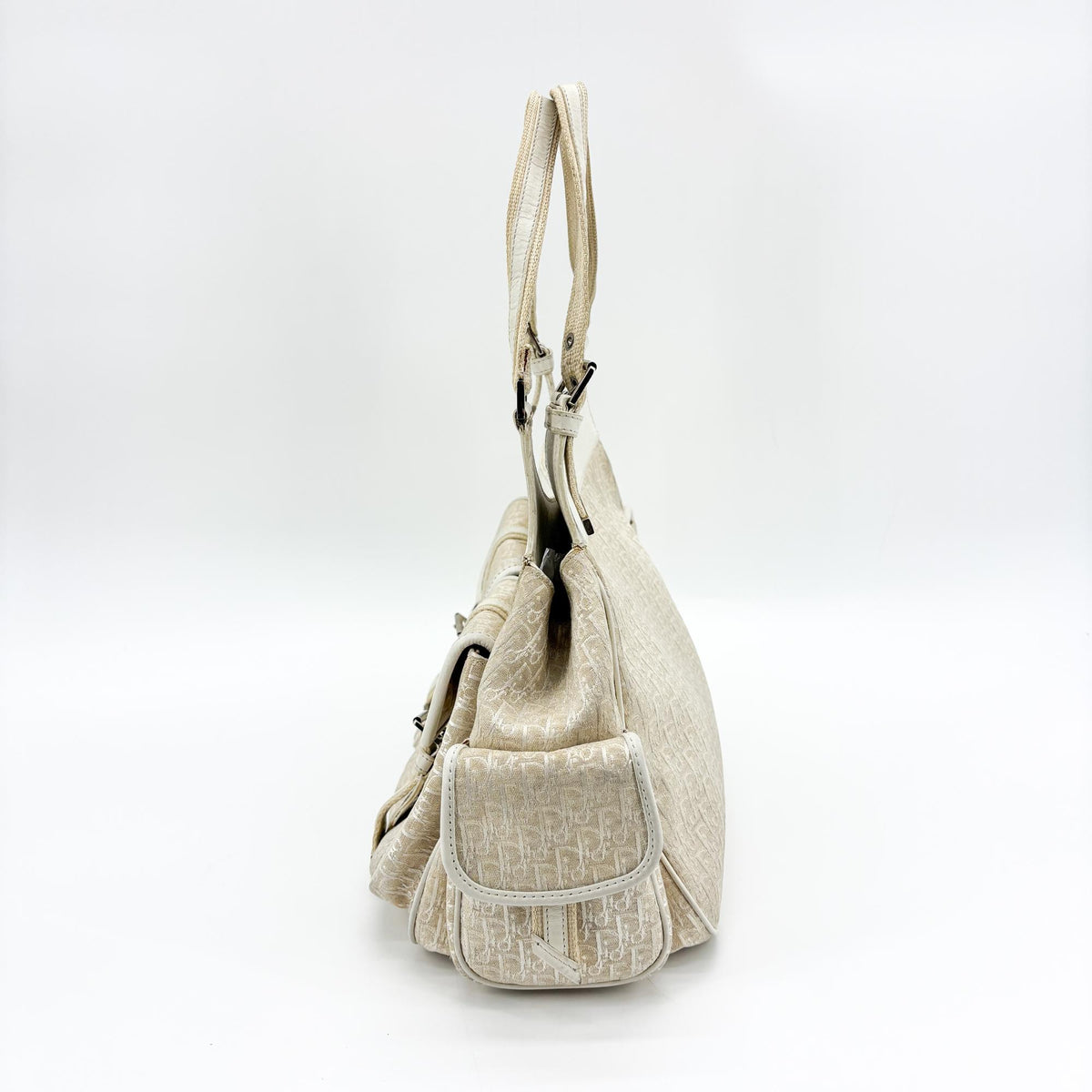 Christian Dior Vintage Trotter Street Chic Pocket Hobo Diorissimo Canvas, White, Canvas, Shoulder Bag