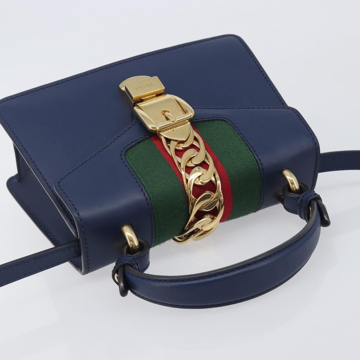 Gucci Sylvie Top Handle Leather, Navy, Leather, Handbag