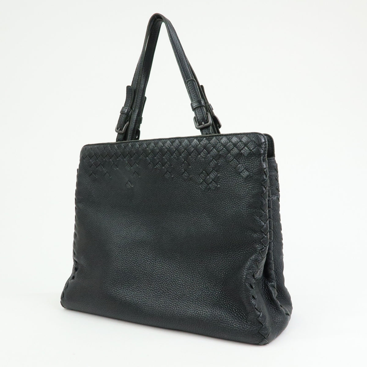 Bottega Veneta A-Shape Leather with Intrecciato Detail, Black, Leather, Tote Bag