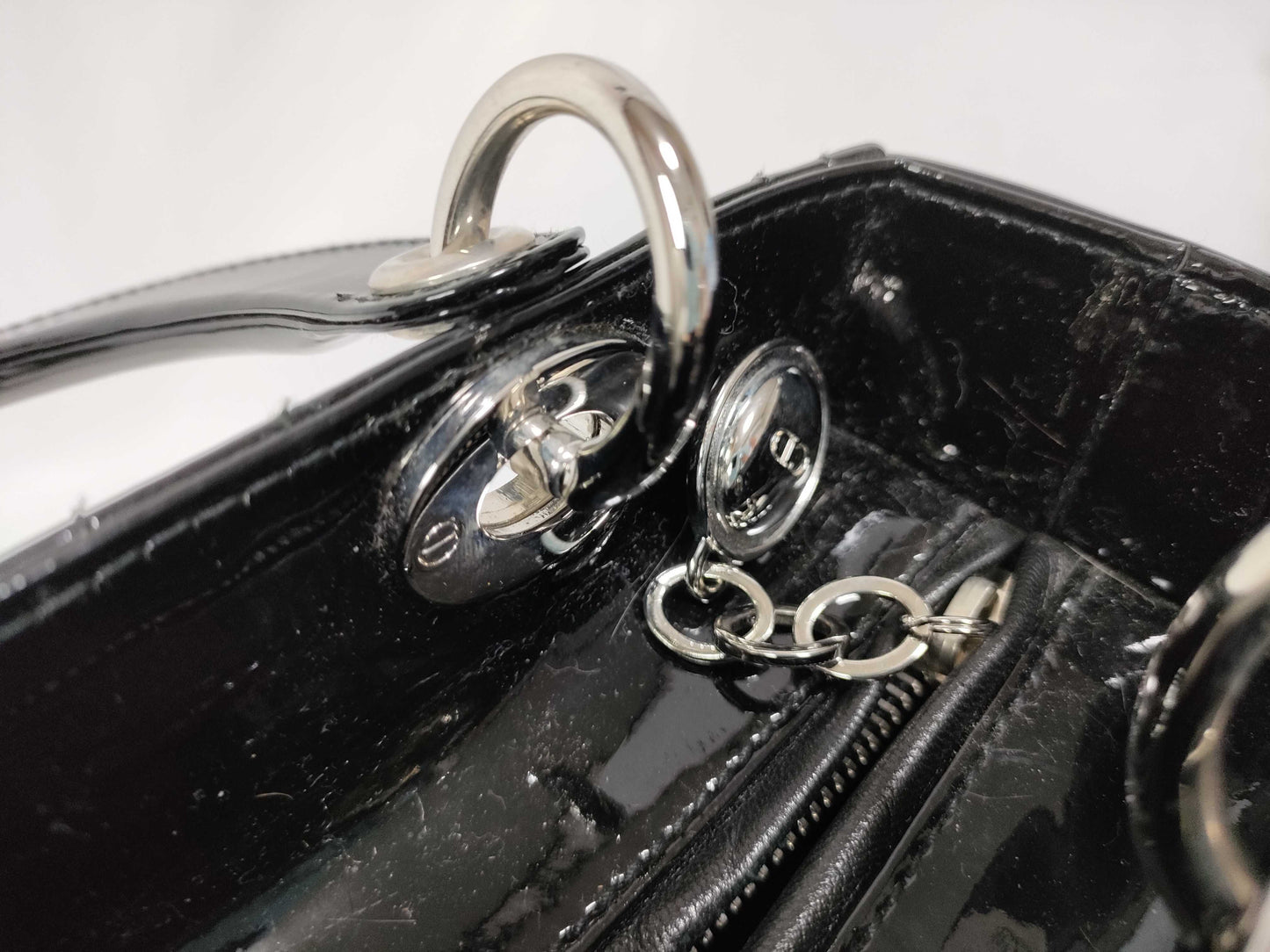 Christian Dior Lady Dior Patent, Black, Patent Leather, Handbag