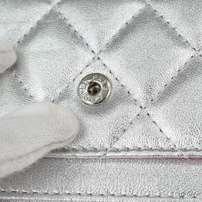 Chanel CC Flap Card Case Quilted Lambskin, Silver, Leather, Card Holder