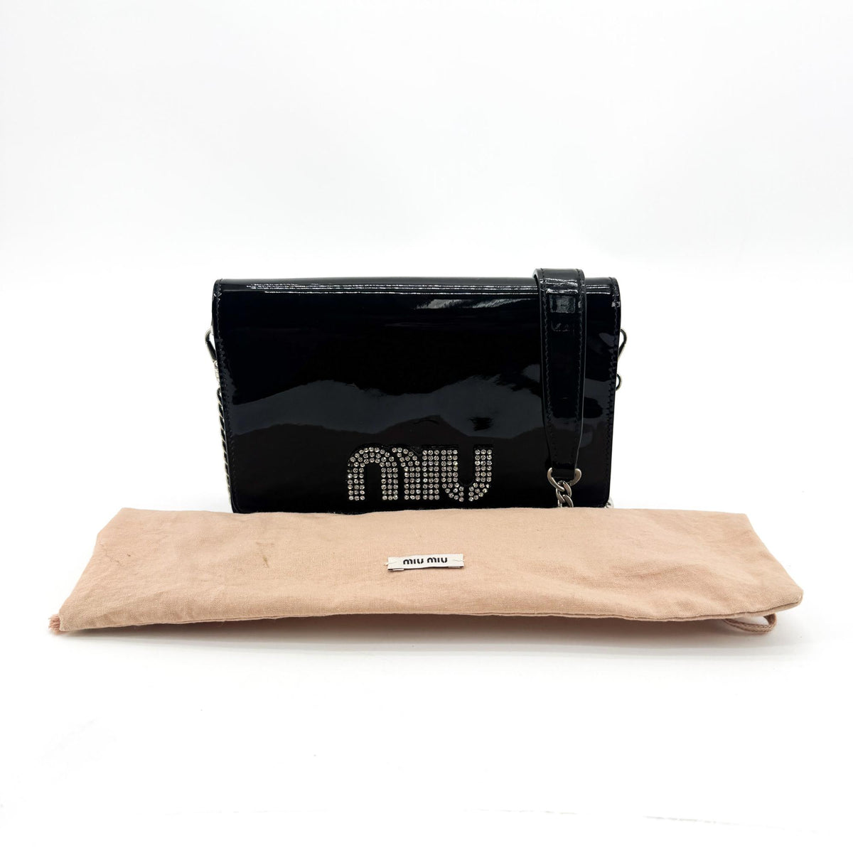 Miu Miu My Logo Chain Patent, Black, Patent Leather, Crossbody Bag