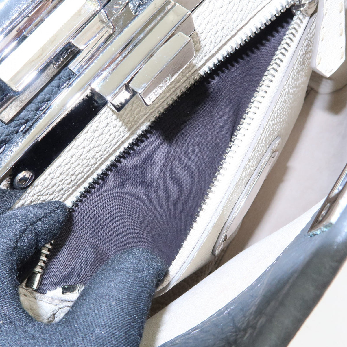 Fendi Selleria Peekaboo Leather, Gray, Leather, Handbag