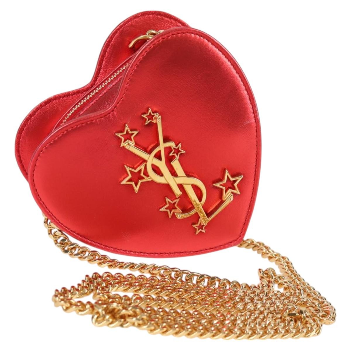 Saint Laurent Love Heart Chain Leather, Red, Leather, Shoulder Bag