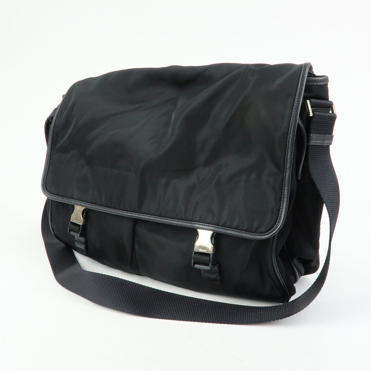 Prada Buckle Messenger Tessuto, Black, Nylon, Handbag