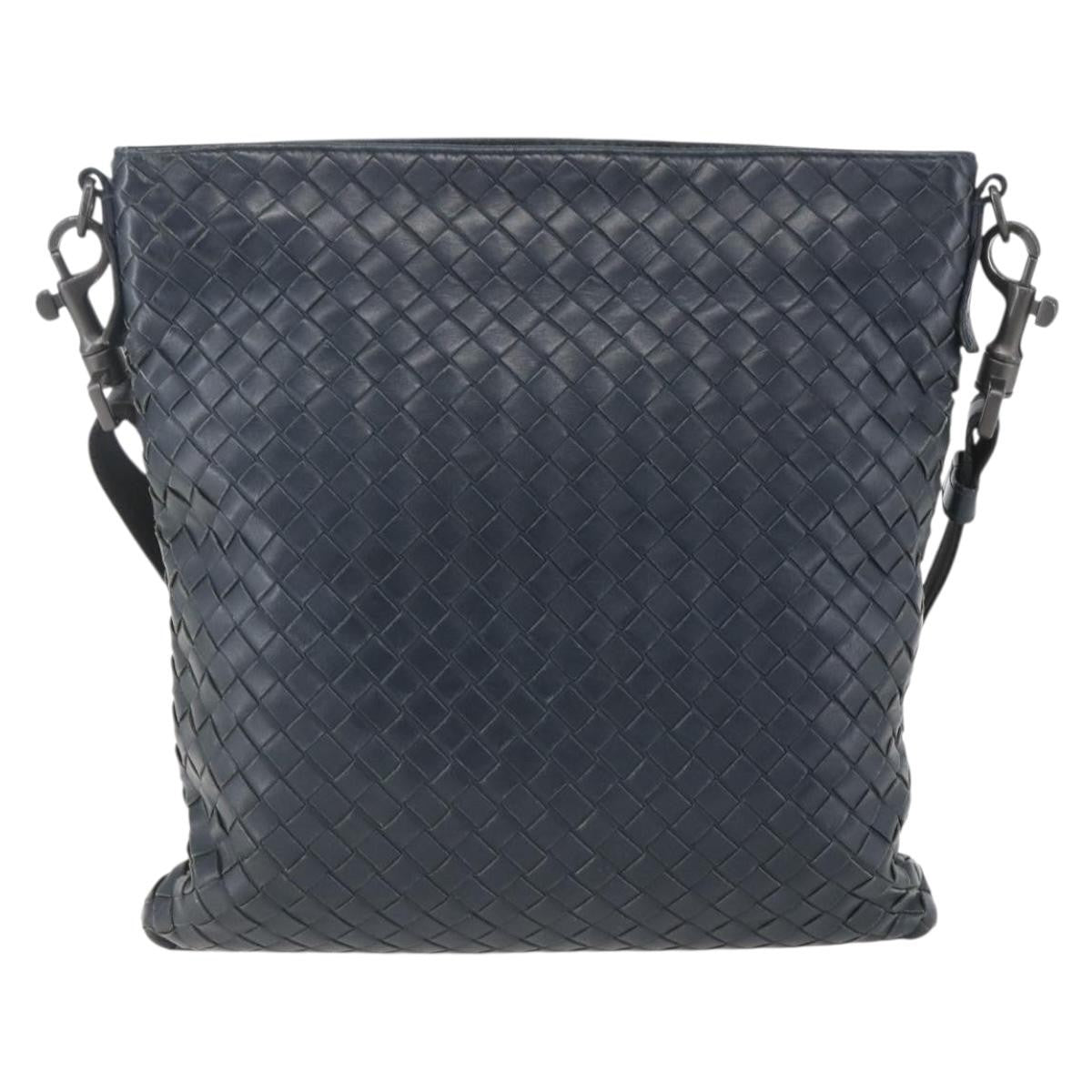 Bottega Veneta Flat Messenger Intrecciato Nappa, Navy, Leather, Crossbody Bag