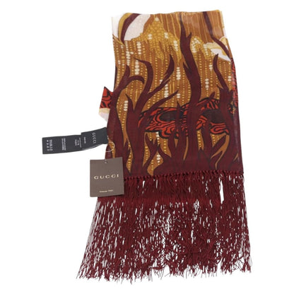 Gucci Printed Silk Fringed Scarf Silk, Burgundy, Silk, Scarf