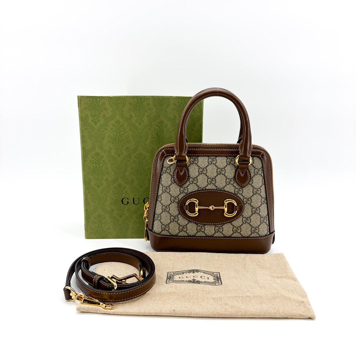 Gucci Horsebit 1955 Top Handle GG Coated Canvas with Leather, Brown, Canvas, Handbag