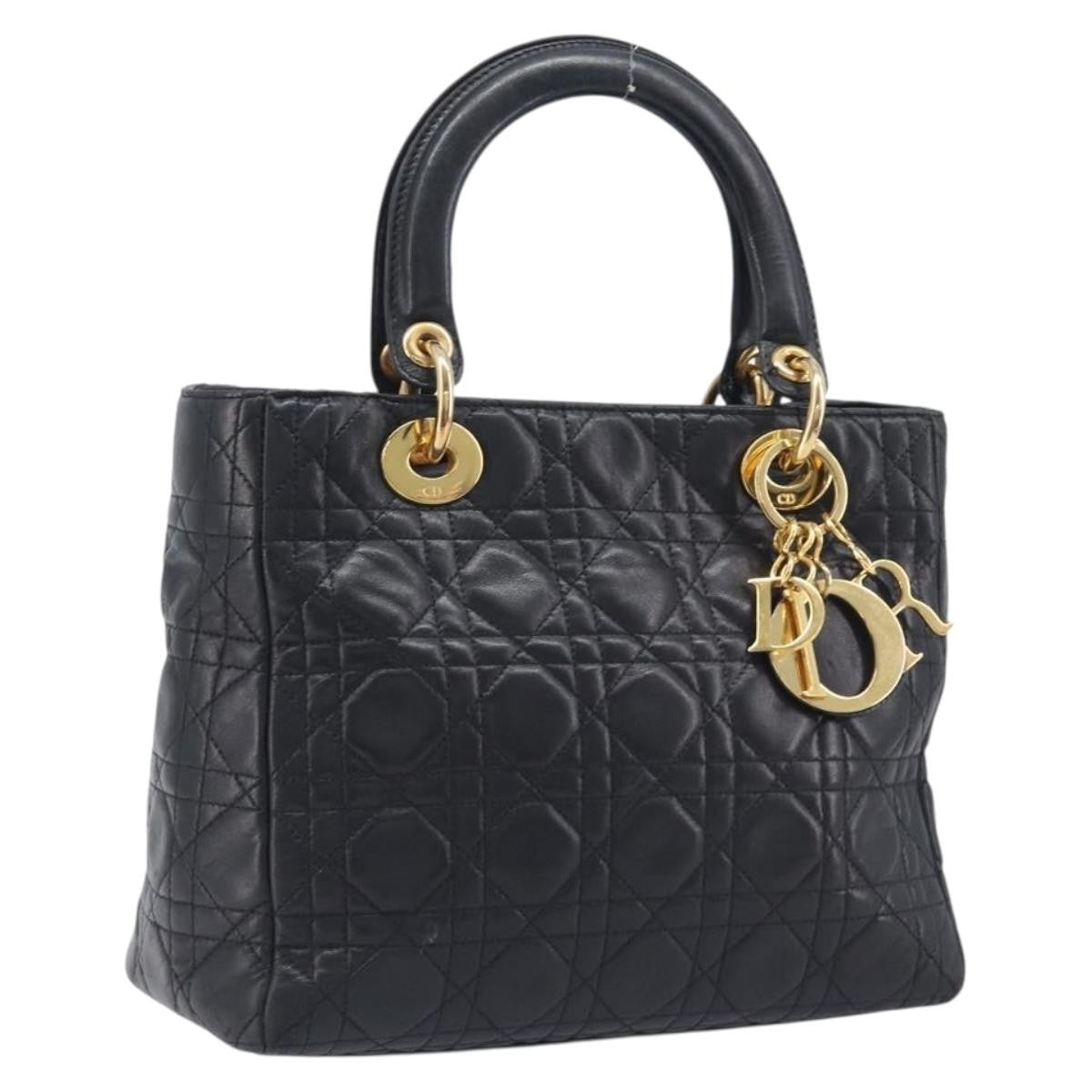 Christian Dior Vintage Lady Dior Cannage Quilt Lambskin, Black, Leather, Handbag