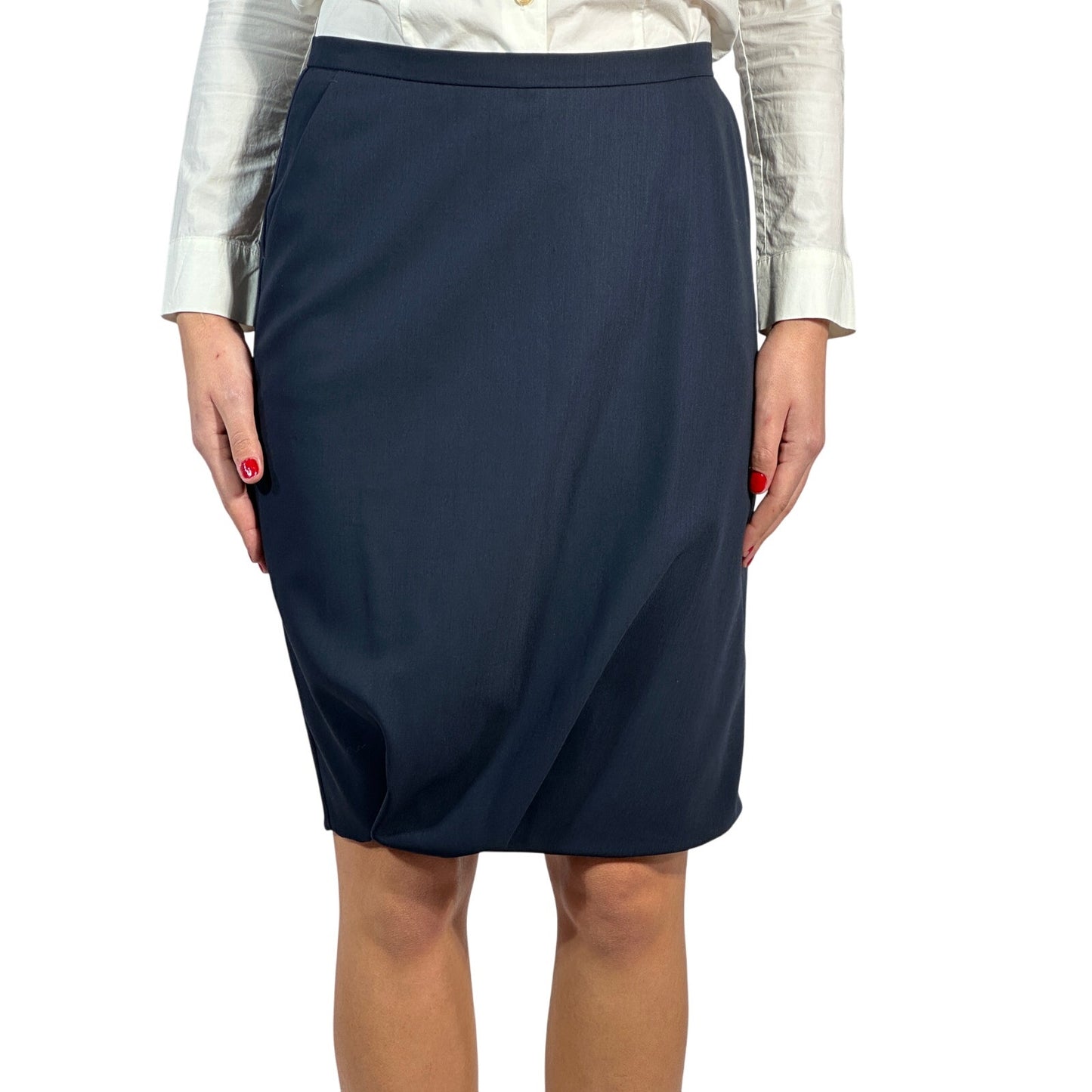 MAX MARA 100% Virgin Wool Straight Pencil Skirt High Rise Navy Blue Women's 6