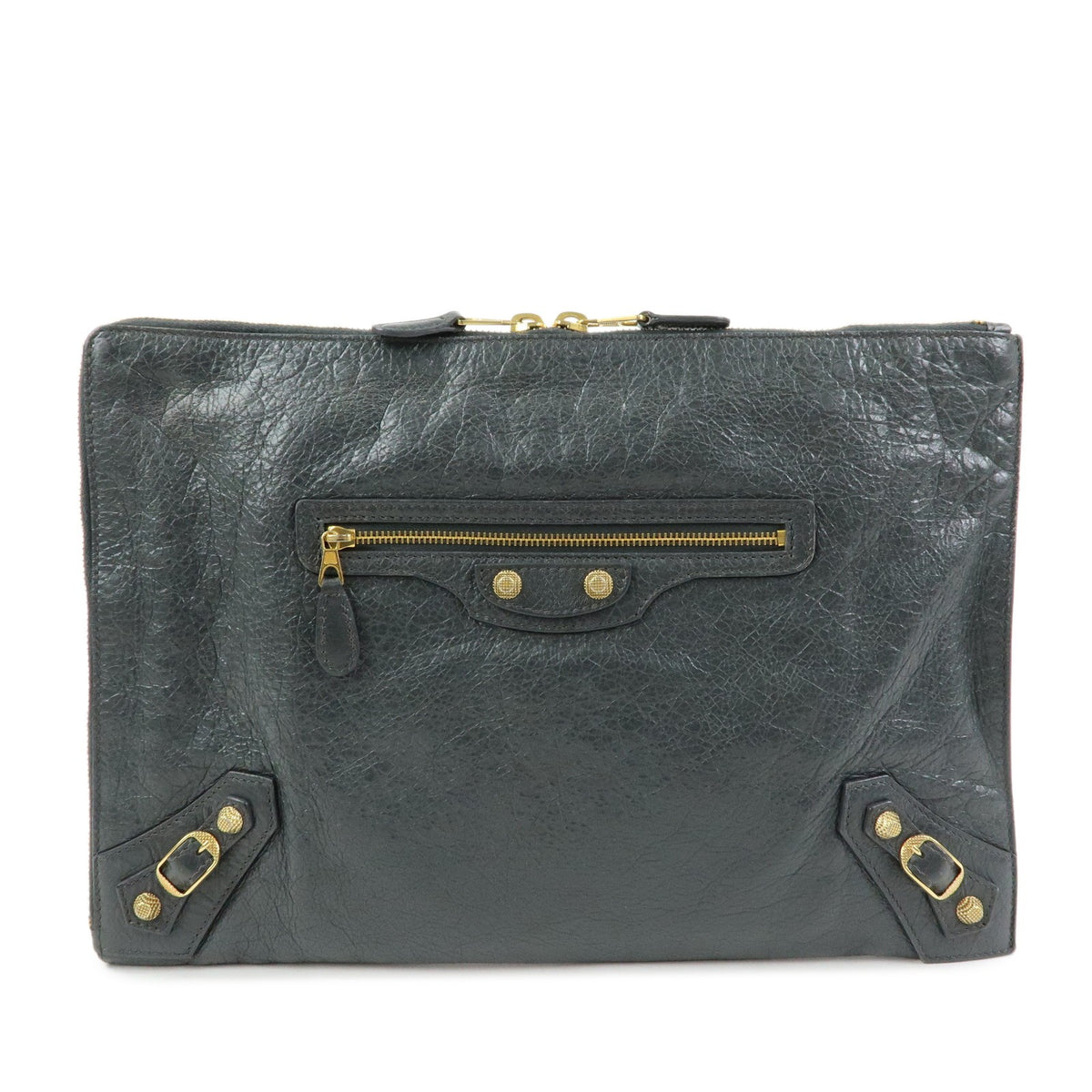Balenciaga Zip Around Giant Studs Clutch Leather, Gray, Leather, Clutch