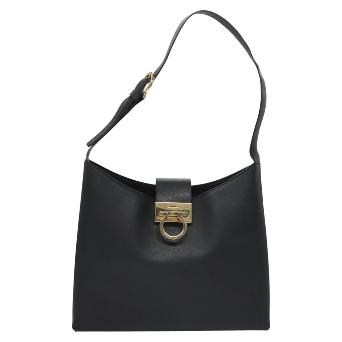 Salvatore Ferragamo Gancio Flap Hobo Leather, Black, Leather, Shoulder Bag