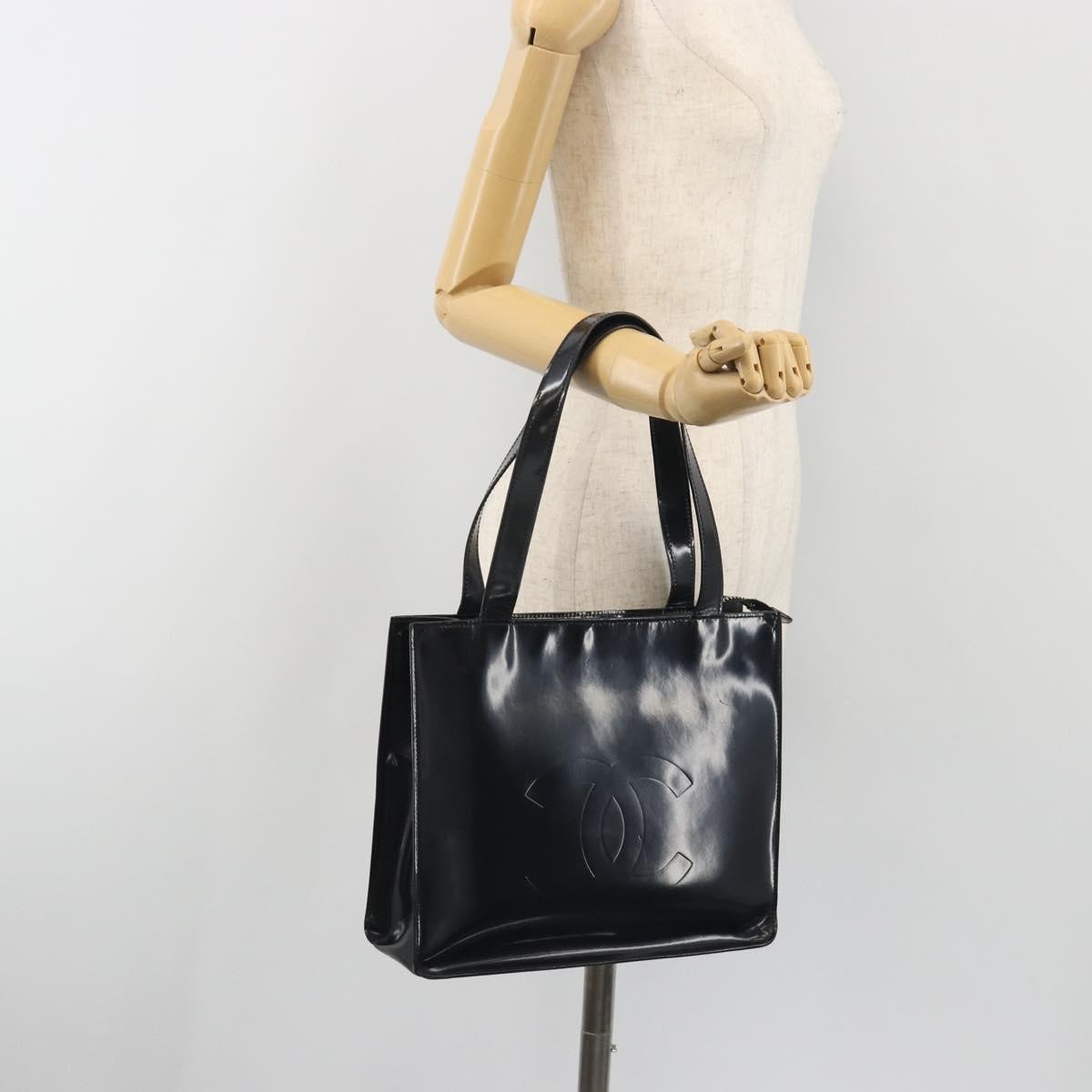Chanel Vintage Embossed Logo Shoulder Patent, Black, Patent Leather, Tote Bag