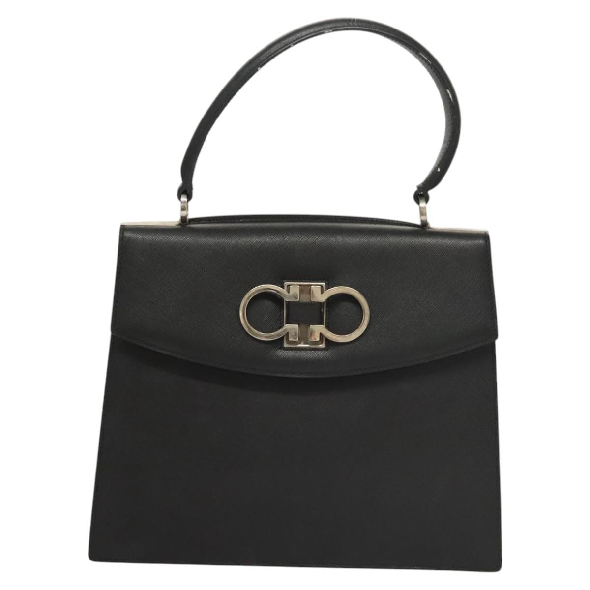 Salvatore Ferragamo Double Gancini Top Handle Saffiano Leather, Black, Leather, Handbag