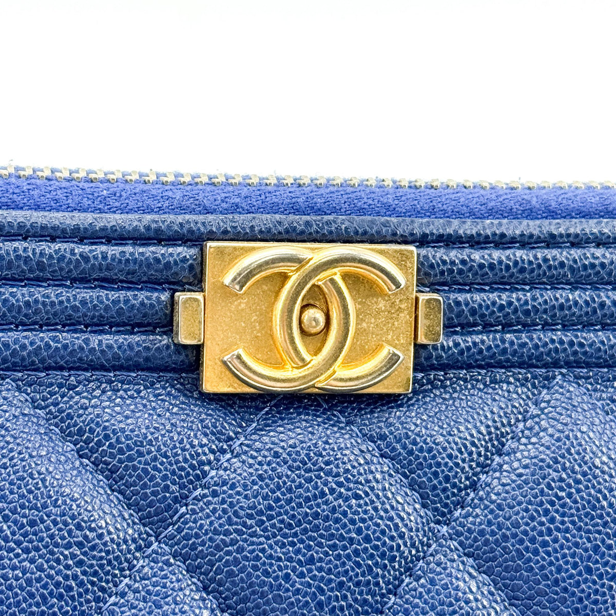 Chanel Boy O Case Clutch Quilted Caviar, Blue, Leather, Clutch
