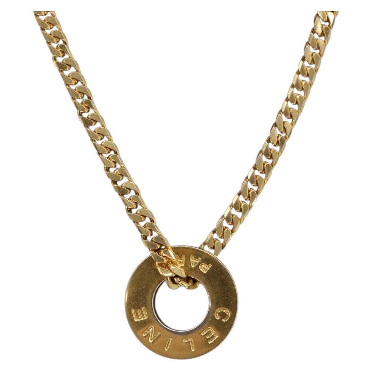 Celine Vintage Logo Circle Pendant Metal, Gold, Metal, Necklace
