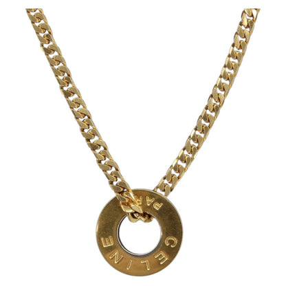 Celine Vintage Logo Circle Pendant Metal, Gold, Metal, Necklace