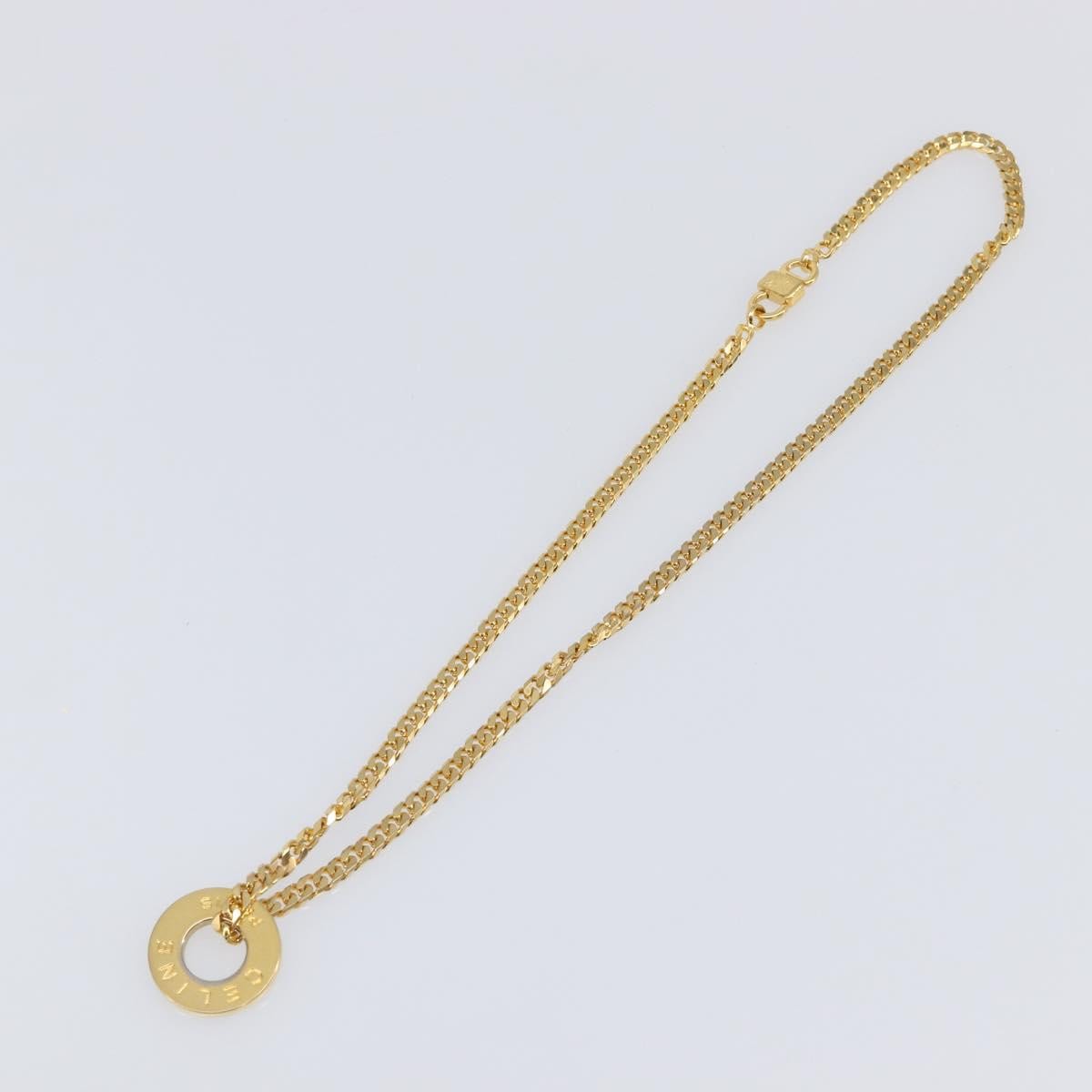 Celine Vintage Logo Circle Pendant Metal, Gold, Metal, Necklace