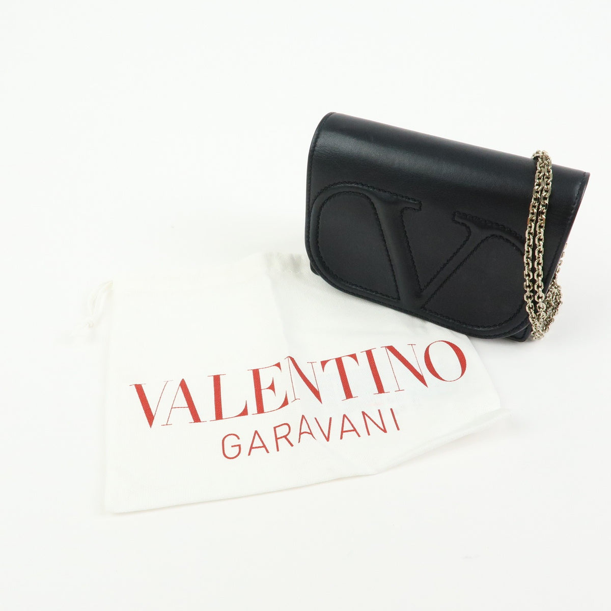 Valentino Garavani VLogo Full Flap Chain Leather, Black, Leather, Shoulder Bag