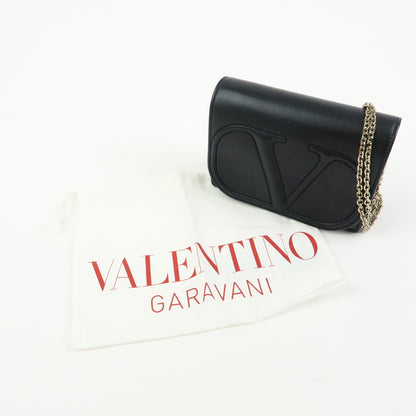 Valentino Garavani VLogo Full Flap Chain Leather, Black, Leather, Shoulder Bag