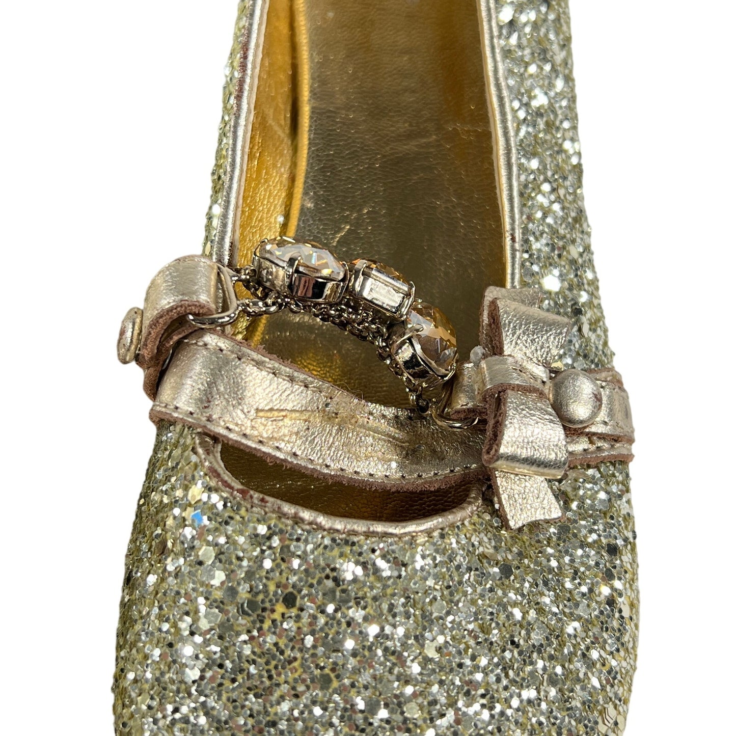 Simonetta Flat Ballet Shoes Womens 37 EU Metallic Gold Glitter Stones Bow Strap