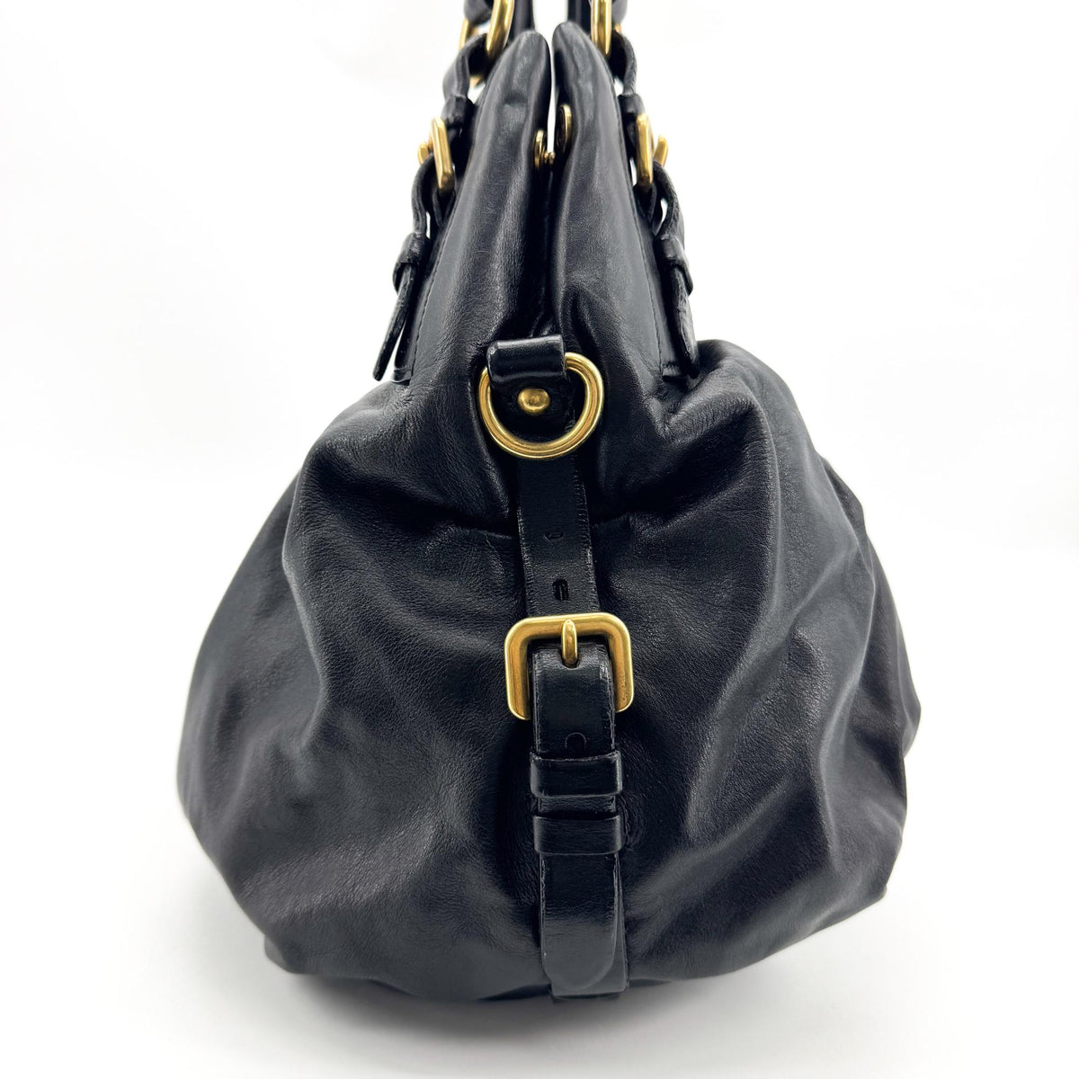 Prada Buckle Open Soft Calf, Black, Leather, Tote Bag
