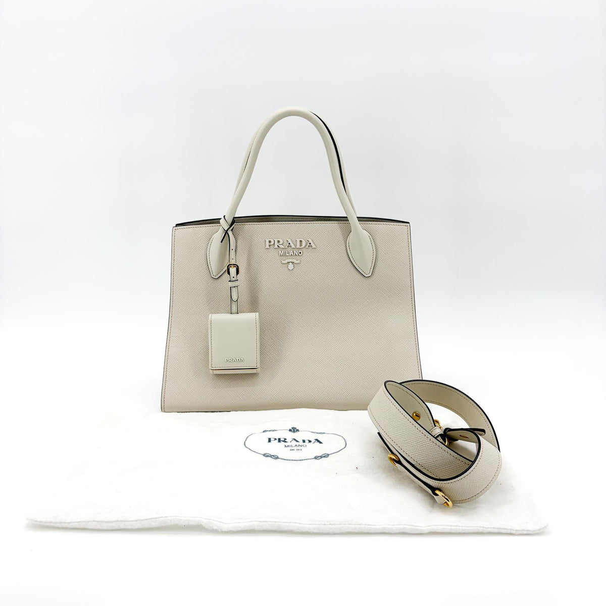 Prada Monochrome Saffiano with City Calf, White, Leather, Tote Bag