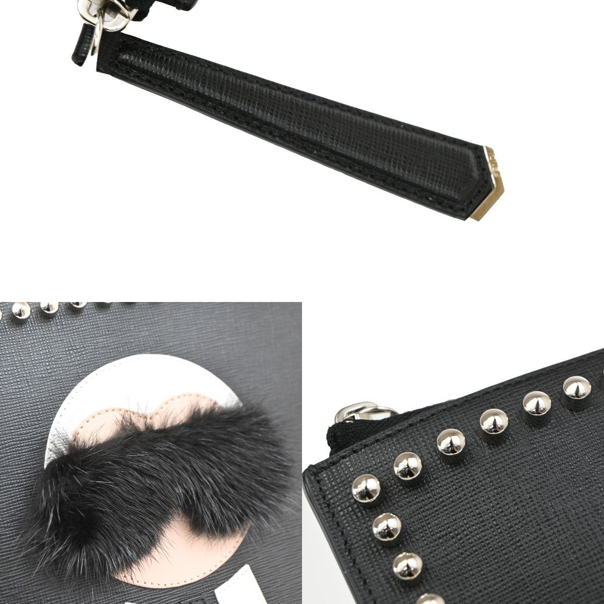 Fendi Karlito Studded Saffiano Leather, Black, Leather, Clutch