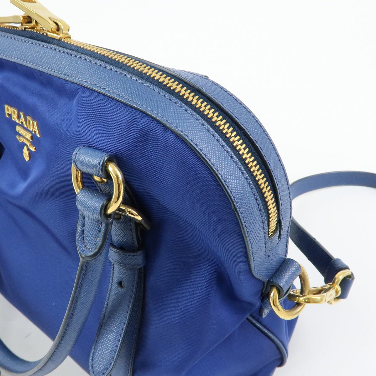 Prada Convertible Dome Satchel Tessuto with Saffiano Leather, Blue, Nylon, Handbag