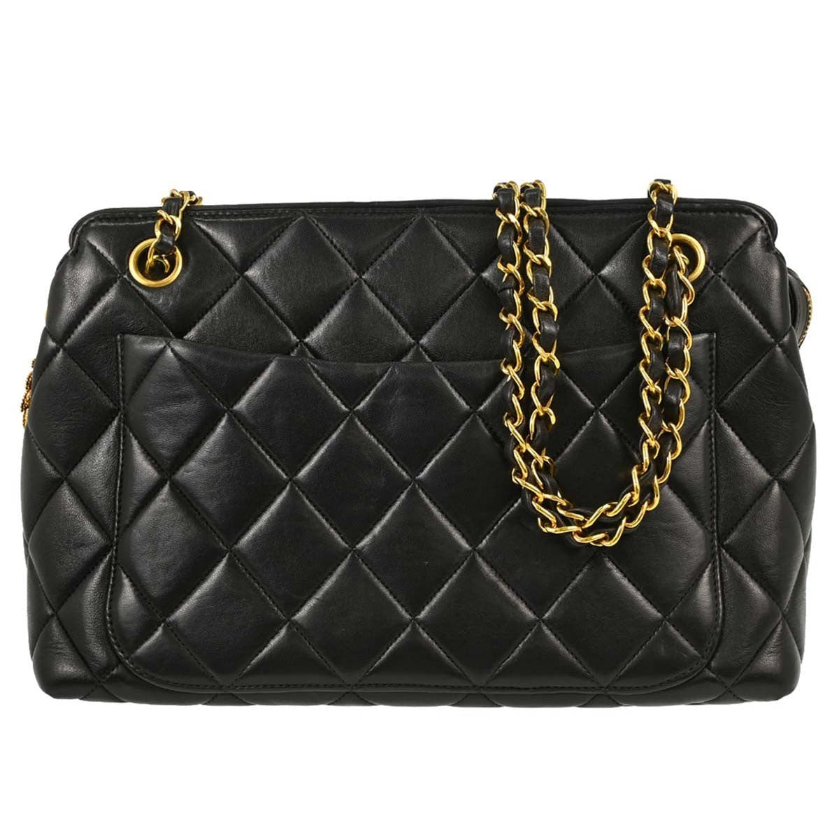 Chanel Vintage Chain Tote Quilted Lambskin, Black, Leather, Tote Bag