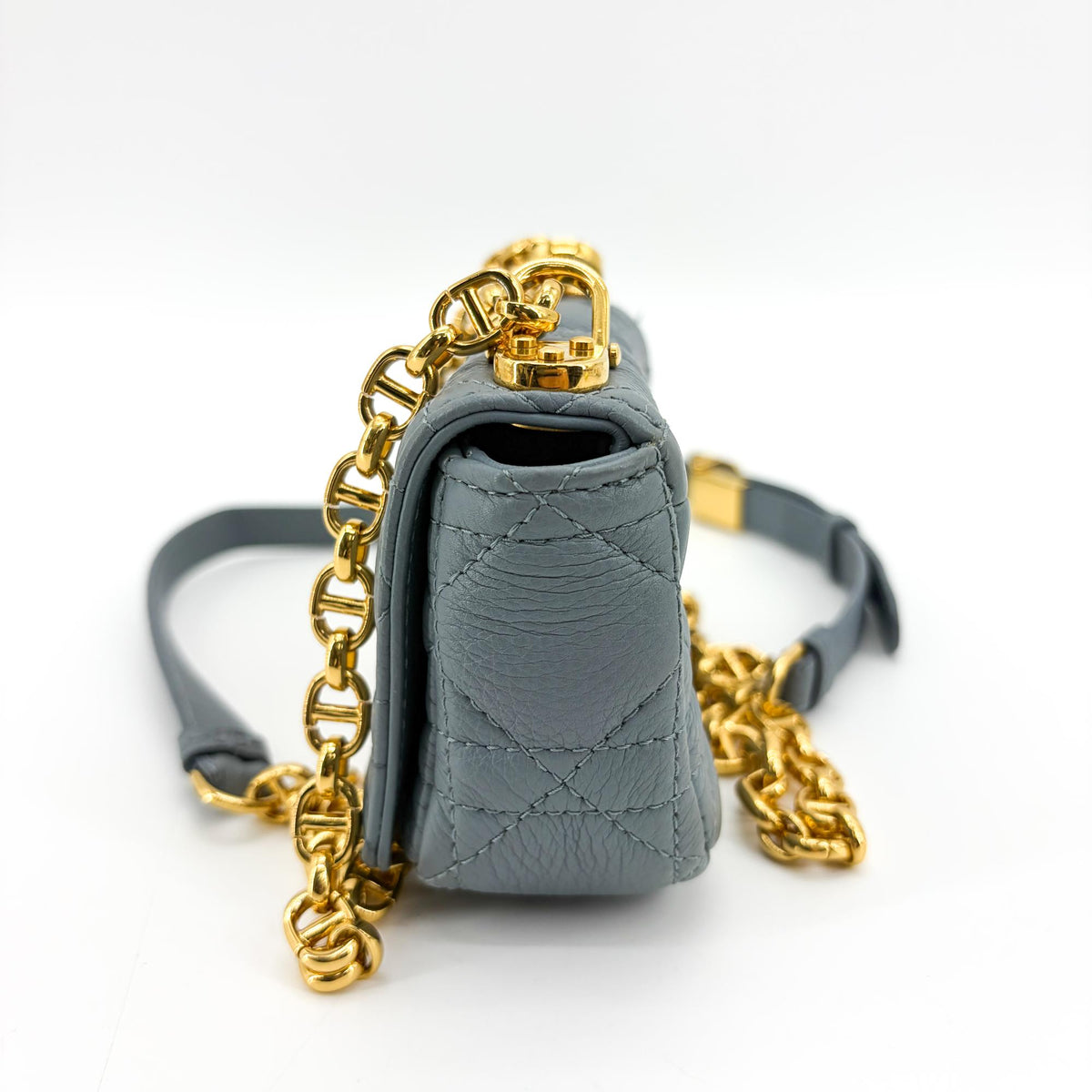 Christian Dior Caro Cannage Quilt Calfskin, Gray, Leather, Handbag