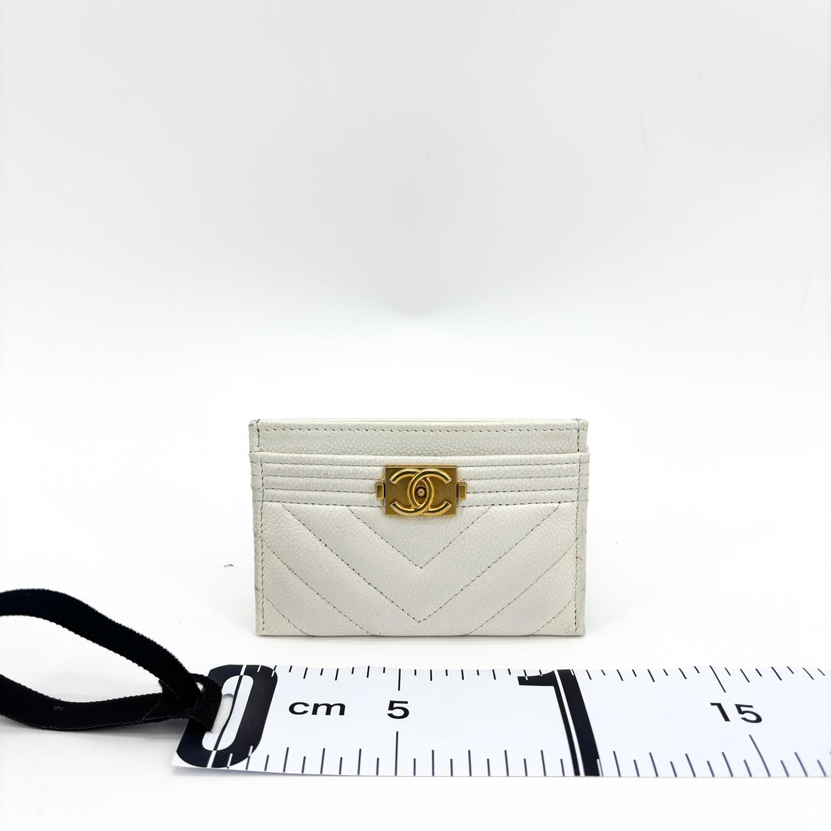 Chanel Boy Card Holder Chevron Caviar, White, Leather, Card Holder