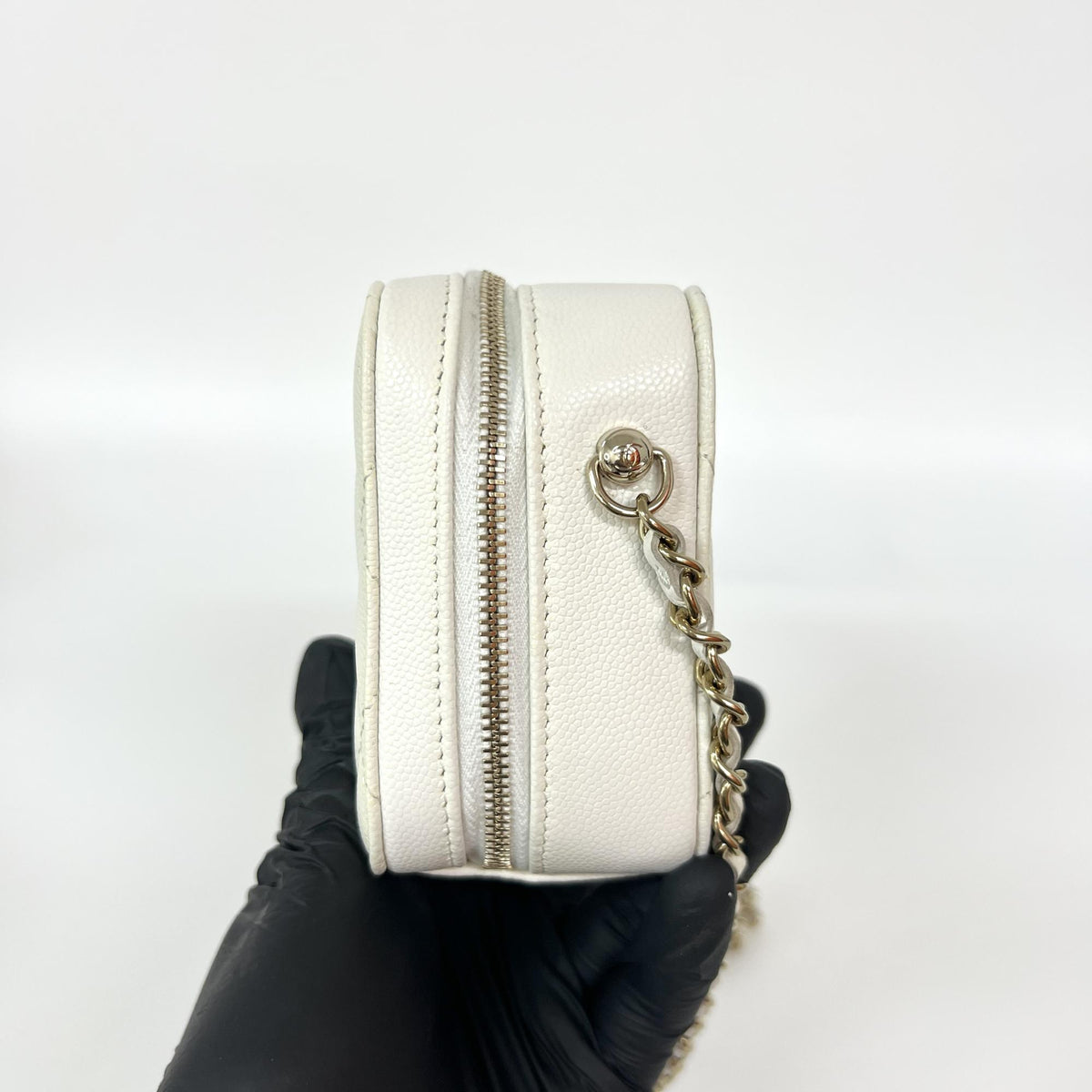 Chanel Square CC Chain Camera Quilted Caviar, White, Leather, Shoulder Bag