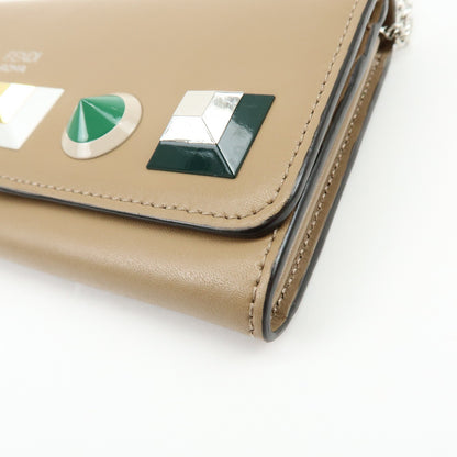 Fendi Continental Wallet on Chain Studded Leather, Beige, Leather, Crossbody Bag
