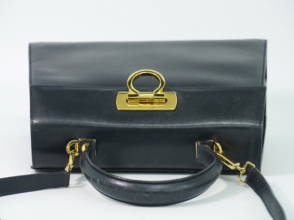 Salvatore Ferragamo Convertible Top Handle Leather, Navy, Leather, Handbag