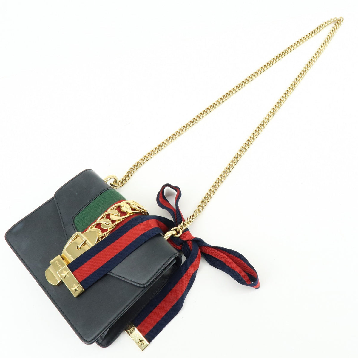 Gucci Sylvie Chain Leather, Black, Leather, Shoulder Bag
