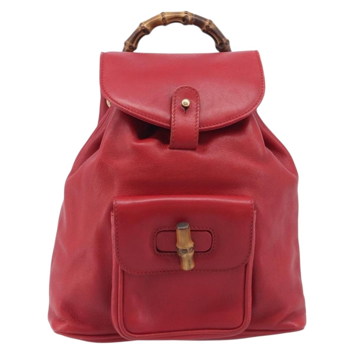Gucci Vintage Bamboo Leather, Red, Leather, Backpack