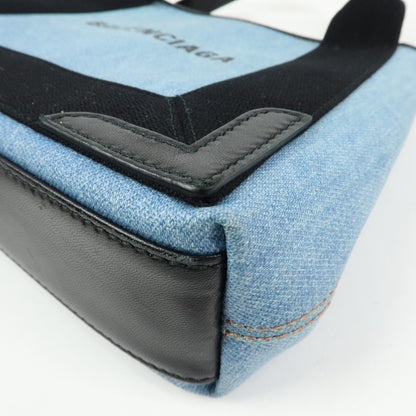 Balenciaga Navy Cabas Coated Denim with Leather, Blue, PVC, Tote Bag