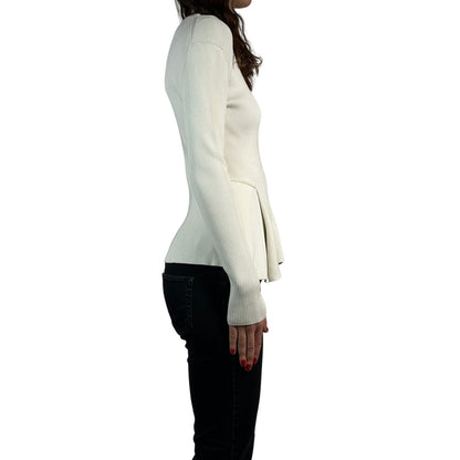 SPORTMAX Ribbed Knit Peplum Sweater Solid Long Sleeve Fitted White Women's M