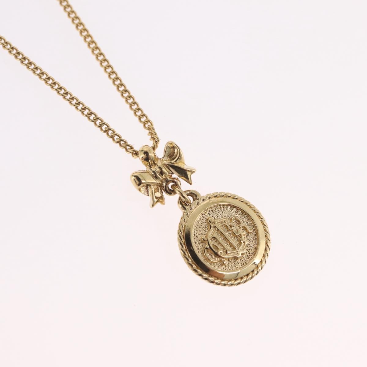 Christian Dior Round Logo Pendant Metal with Crystal, Gold, Metal, Necklace