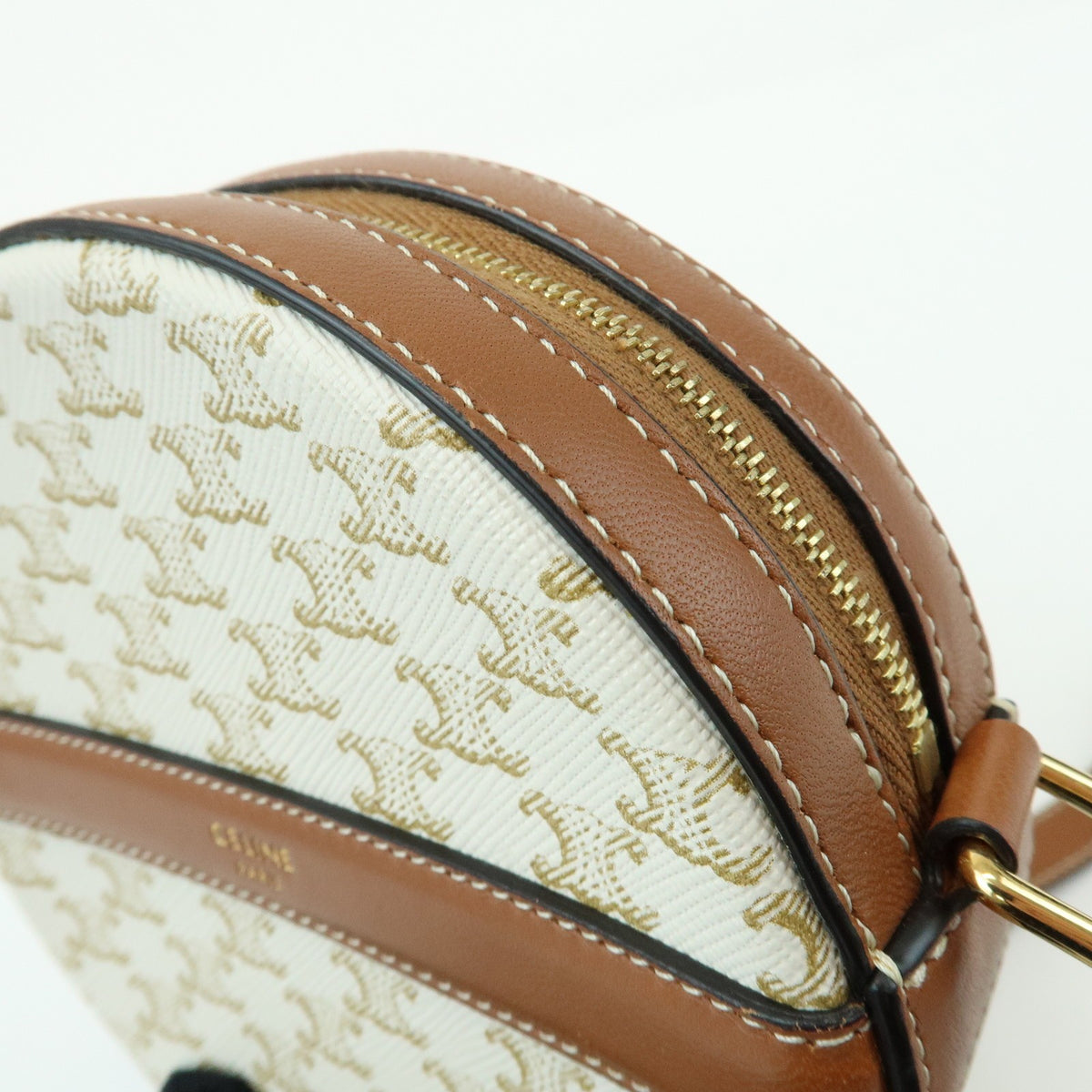 Celine Round Purse on Strap Triomphe Coated Canvas, Beige, Canvas, Crossbody Bag