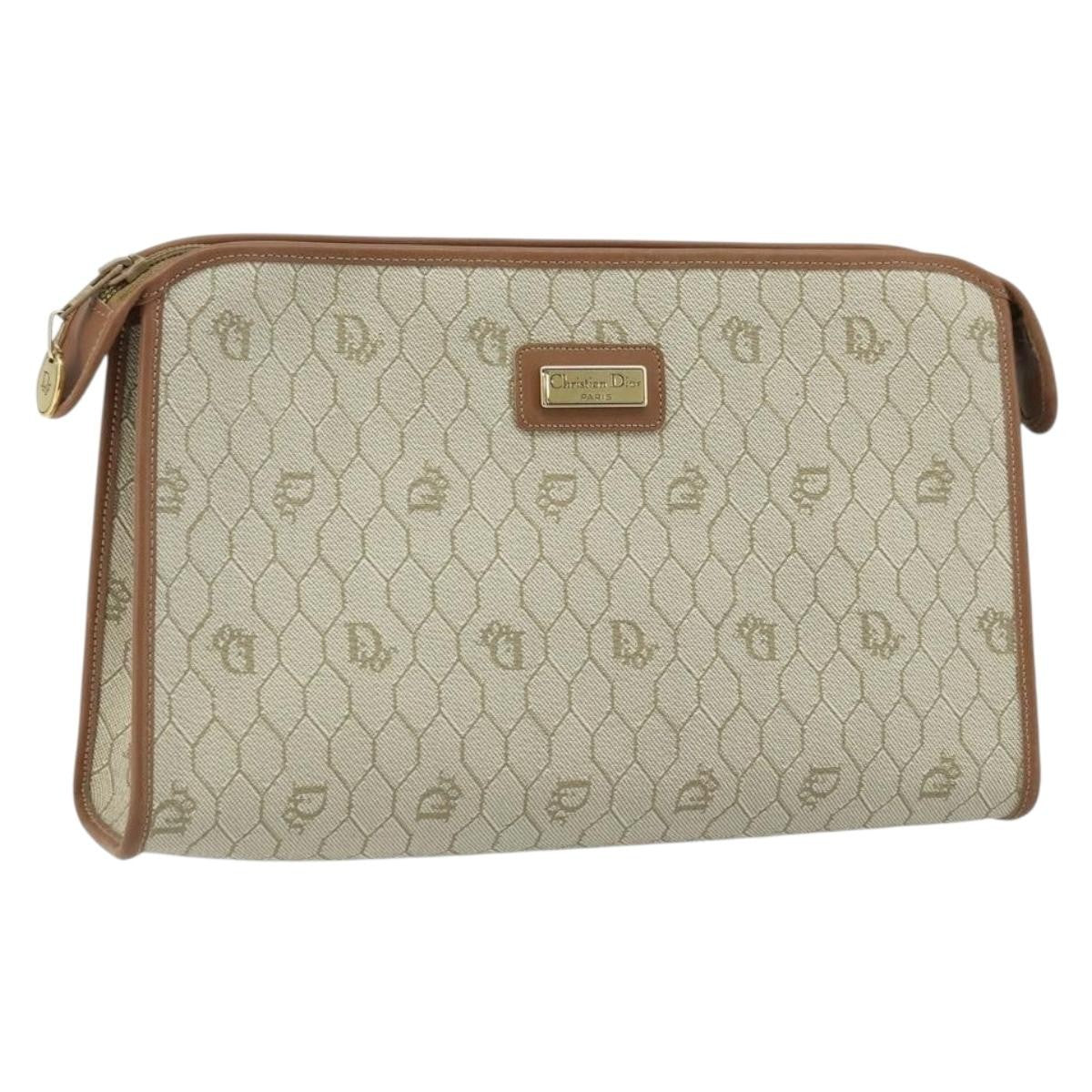 Christian Dior Vintage Honeycomb Zip Canvas and Leather, Beige, Canvas, Clutch