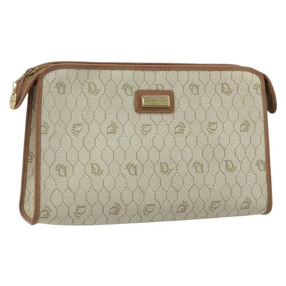 Christian Dior Vintage Honeycomb Zip Canvas and Leather, Beige, Canvas, Clutch
