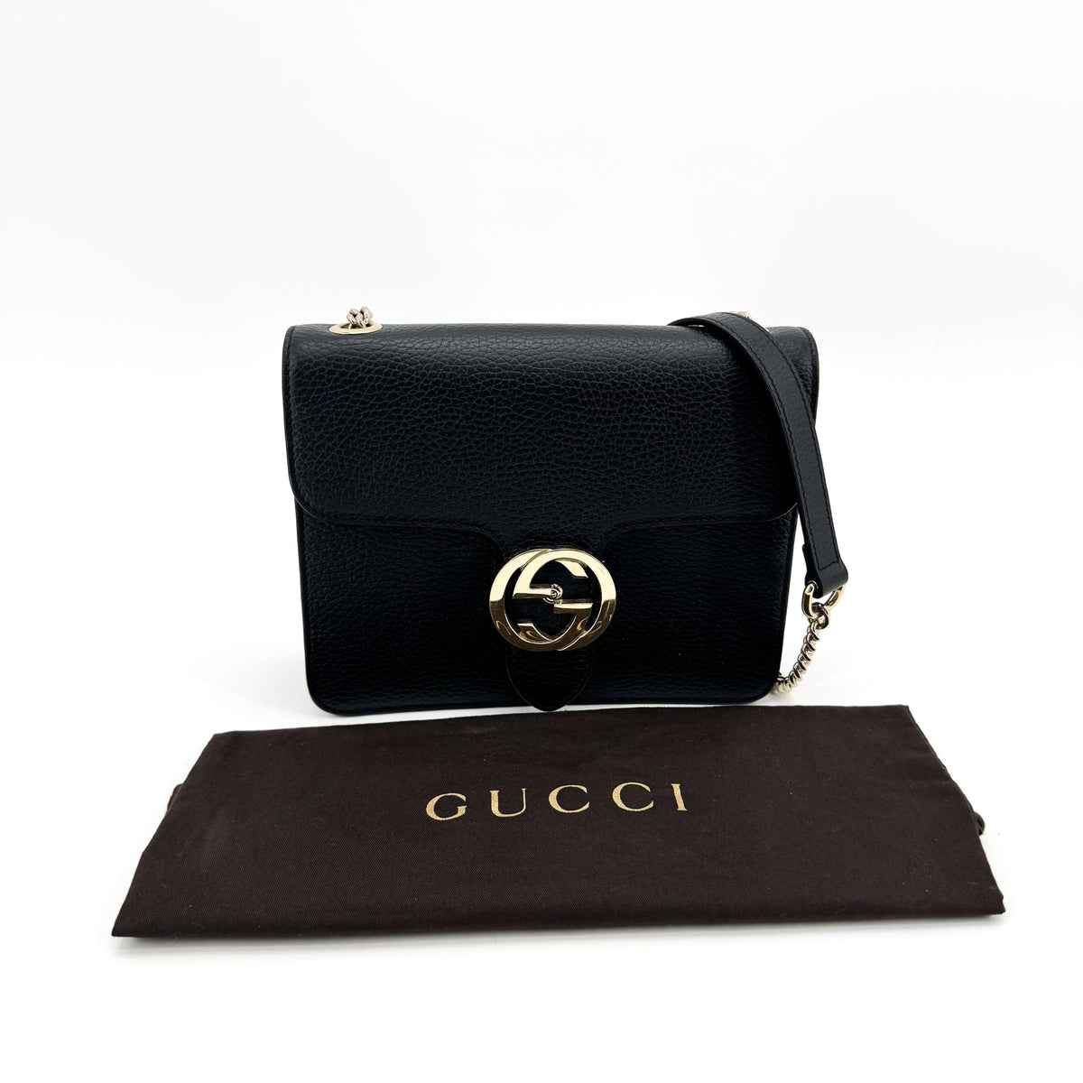 Gucci Interlocking Leather, Black, Leather, Shoulder Bag