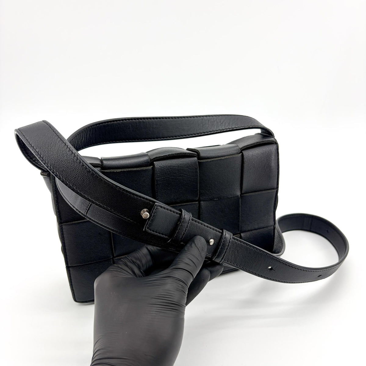 Bottega Veneta Cassette Maxi Intrecciato Patent, Black, Leather, Crossbody Bag