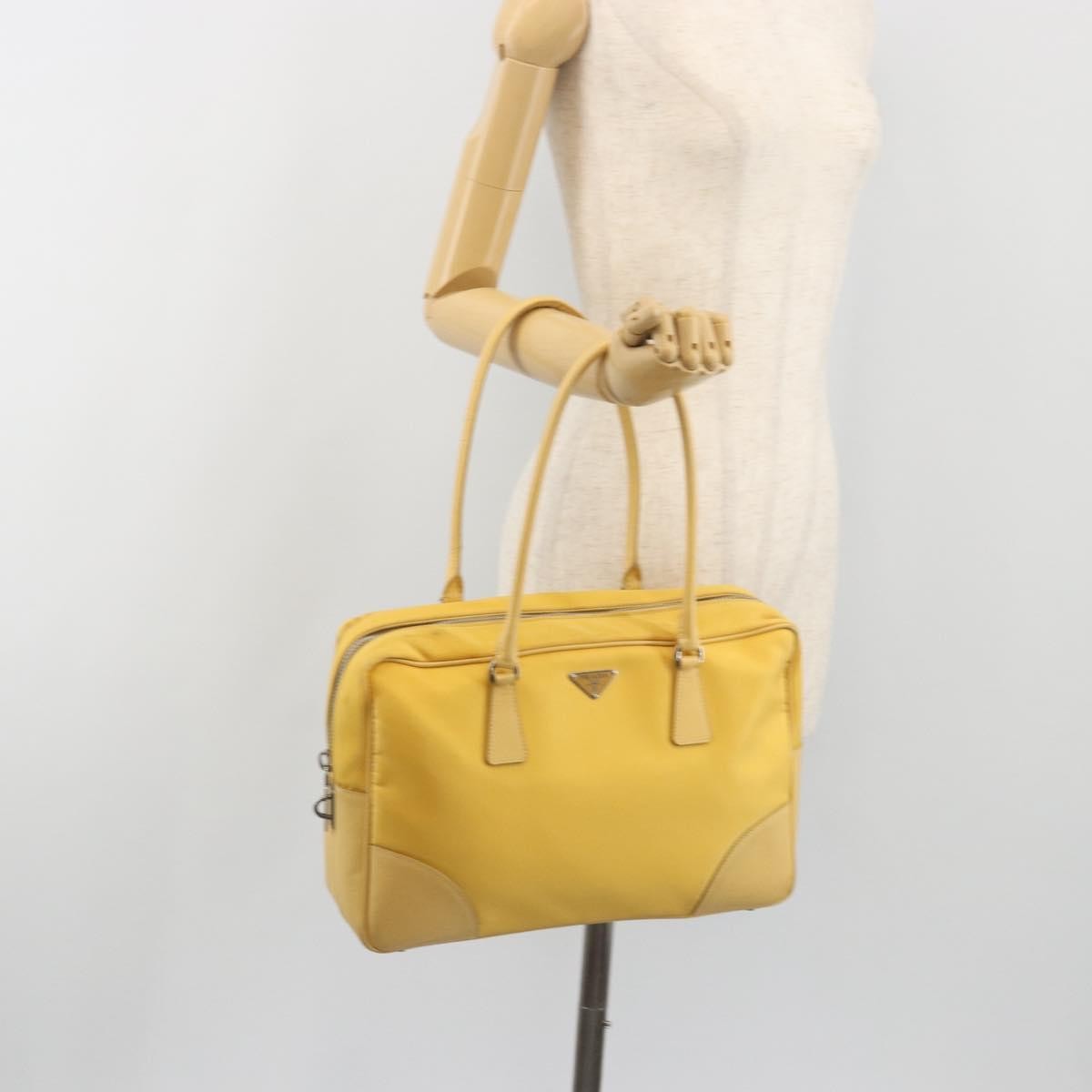 Prada Bauletto Tessuto with Saffiano Leather, Yellow, Canvas, Handbag