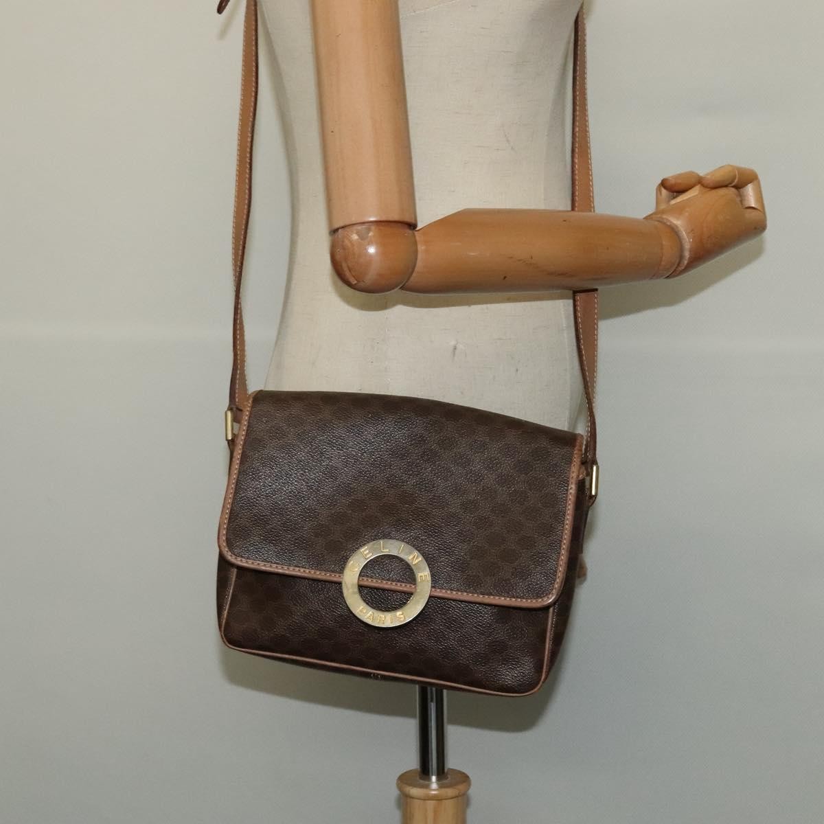 Celine Vintage Macadam Circle Logo Canvas and Leather, Brown, Canvas, Shoulder Bag
