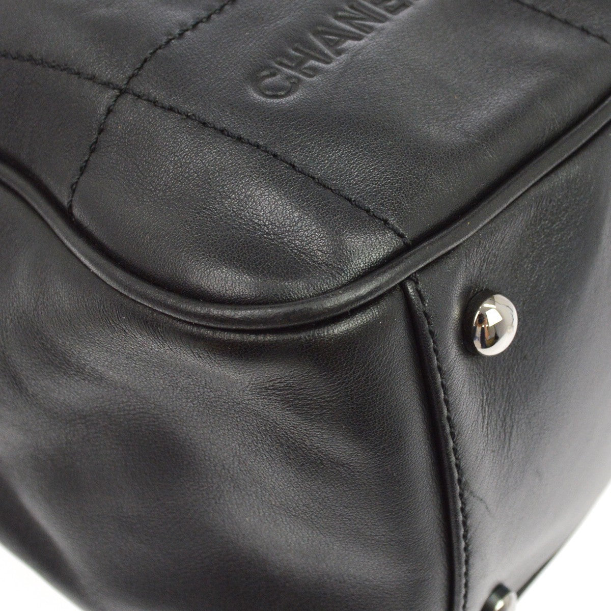 Chanel Square Stitch Boston Quilted Leather, Black, Leather, Travel Bag
