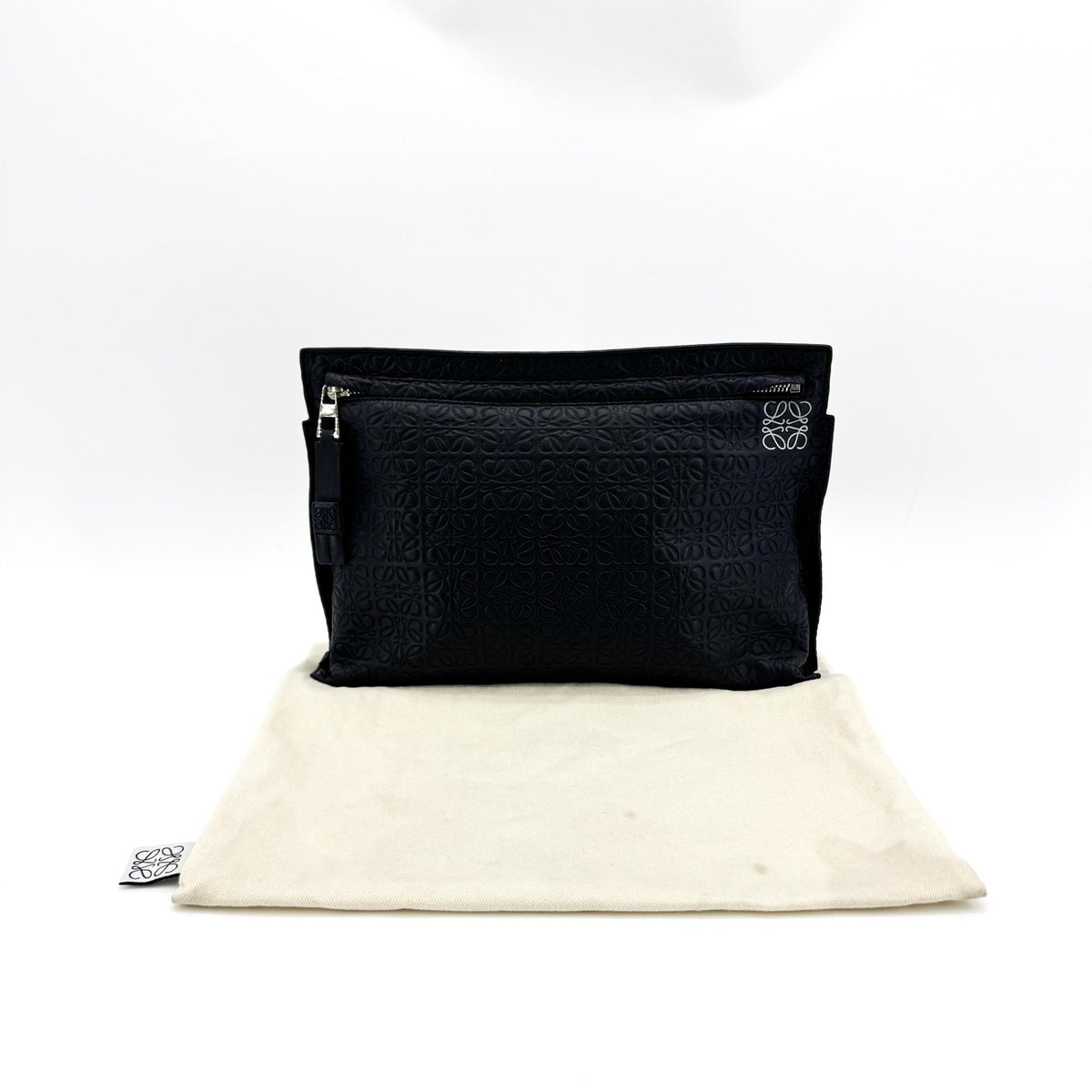 Loewe T Pouch Anagram Embossed Patent, Black, Leather, Clutch