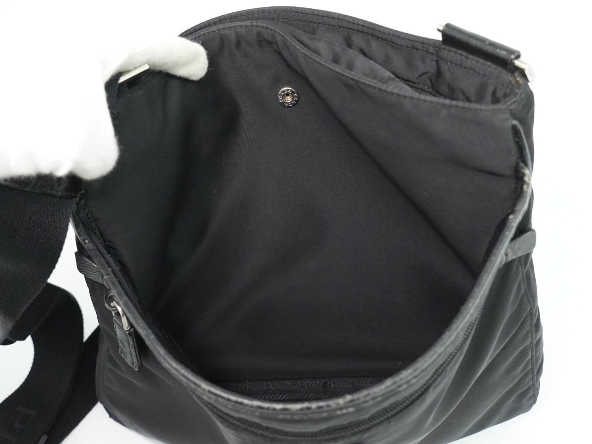 Prada Front Zip Messenger Quilted Tessuto, Black, Nylon, Shoulder Bag